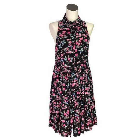 Torrid Shirt Dress Womens 00 Black Pink Ditzy Floral Challis Button Sleeveless - Picture 2 of 7